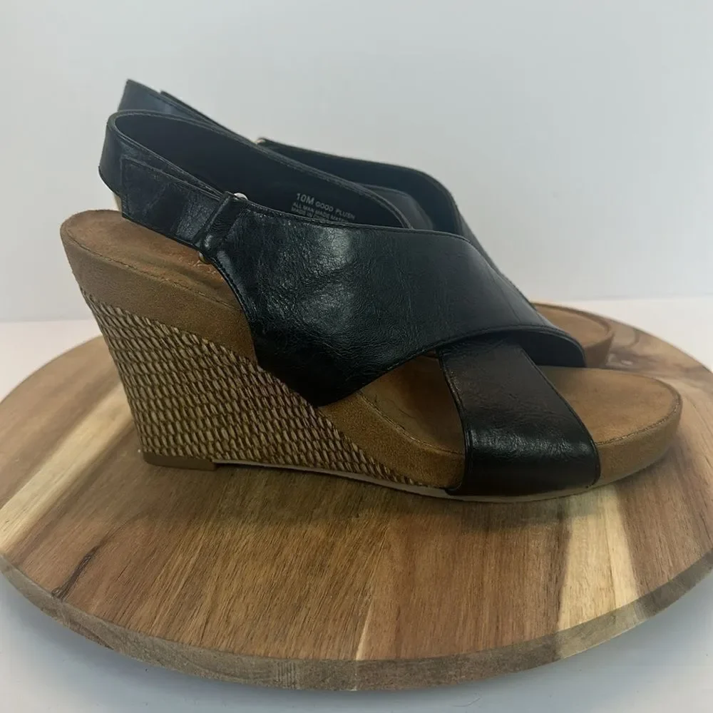 Aerosoles Aerology Good Plush Ankle Strap Wedge Sandals Black size 10